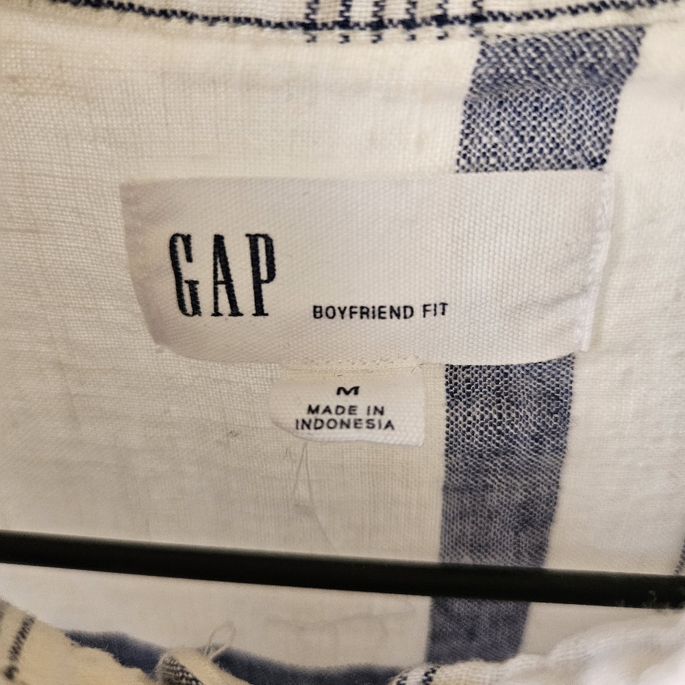 Gap Boyfriend Fit White Blue Plaid Linen Long Sleeve Button Up Shirt Medium - Picture 11 of 13